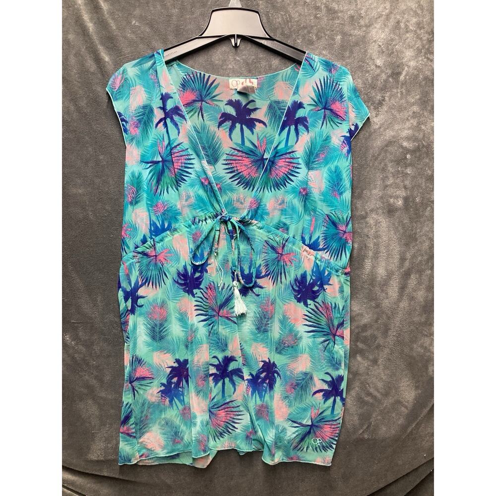 Y2K OP Sheer Swim Cover-Up Jr L(11-13) Aqua Tassle Tie Boho Beach Tropical Surf